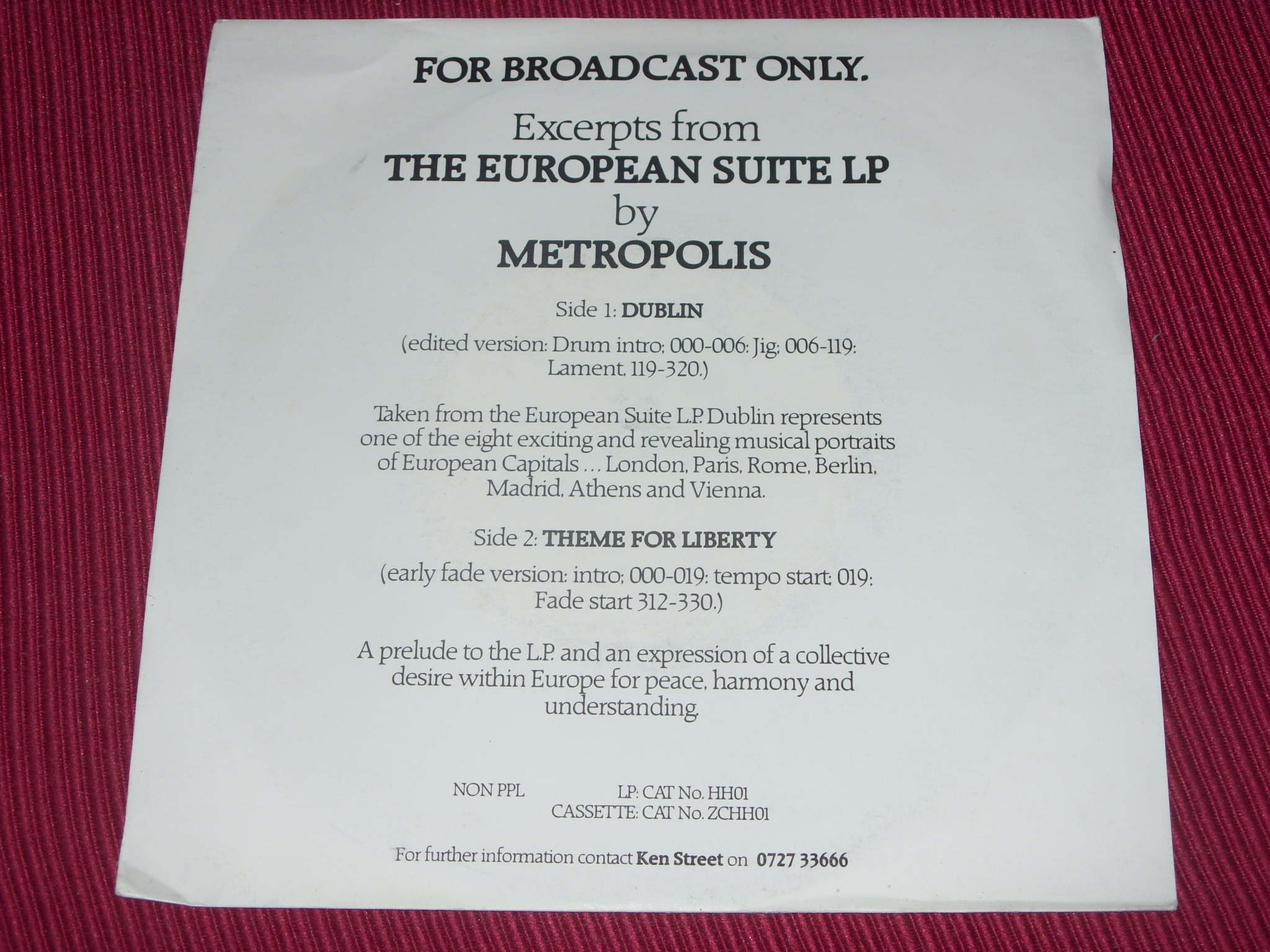 Metropolis: Excerpts from The European Suite UK EX+ PROMO 7"
