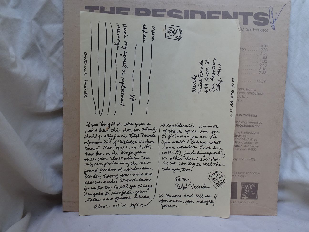 The Residents: Fingerprince EX+ 1977 2nd Press LP + Application Form - Image 3