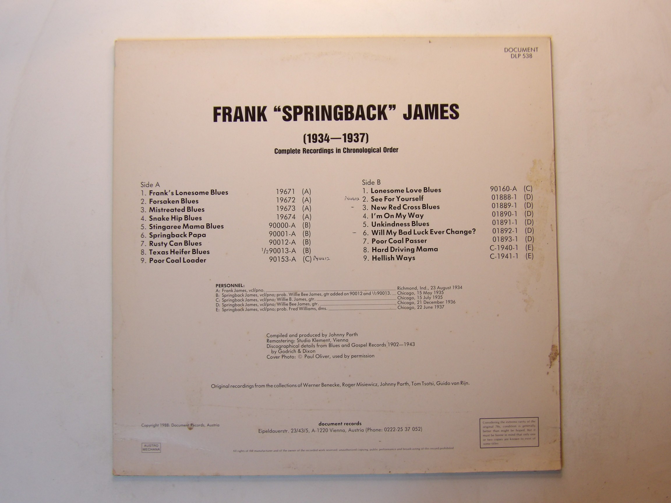 Frank 'springback' James: 1934-37 EX+ Mono LP Document Austria - Image 4