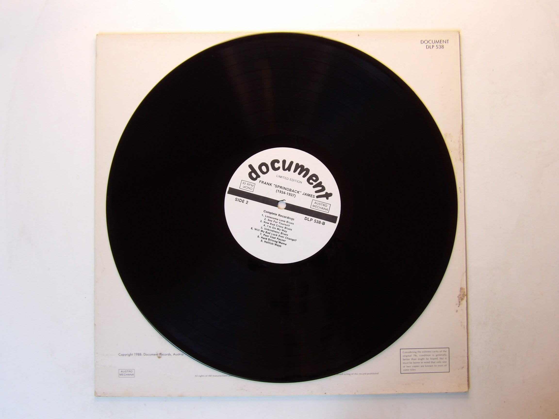 Frank 'springback' James: 1934-37 EX+ Mono LP Document Austria - Image 3