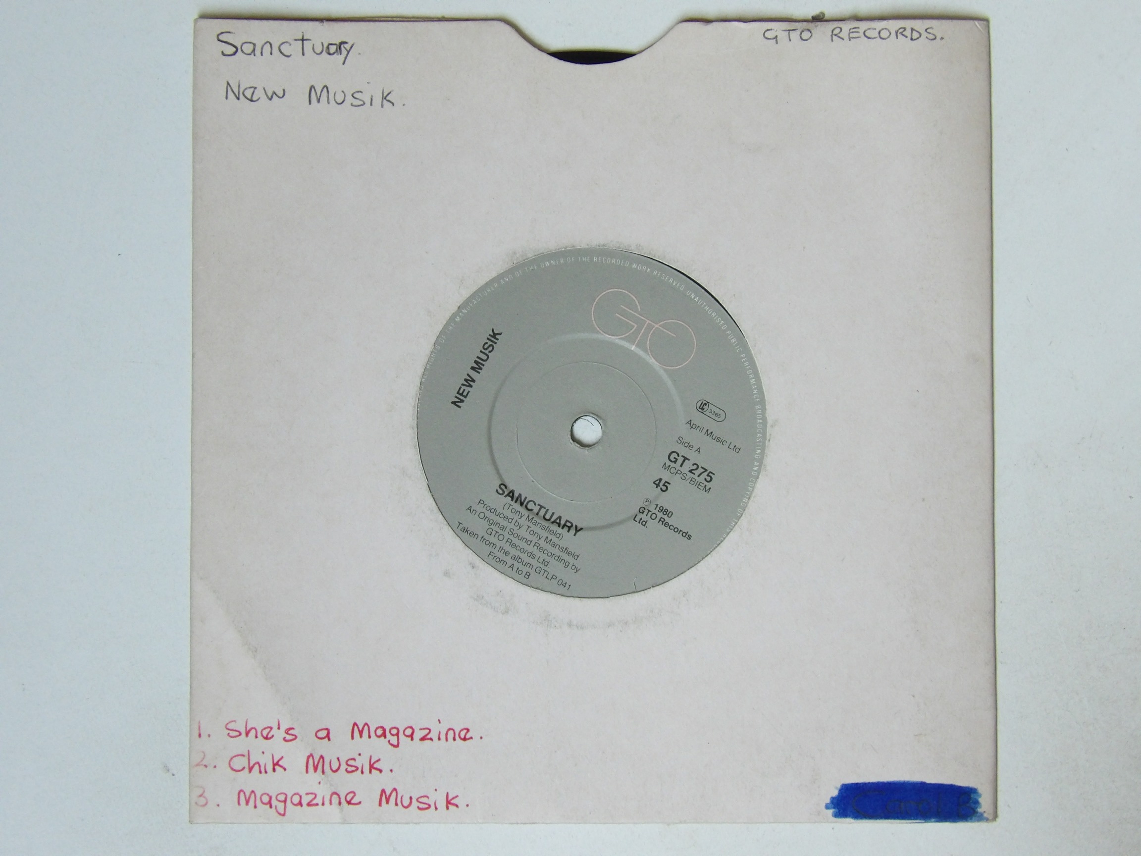 New Musik: Sanctuary 1980 VG+ 7" (plain sleeve) - Image 2