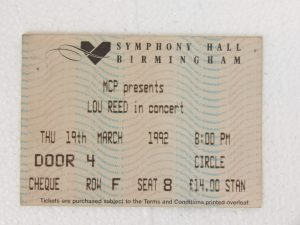 Lou Reed: Symphony Hall, Birmingham  19/3/92  Original Ticket