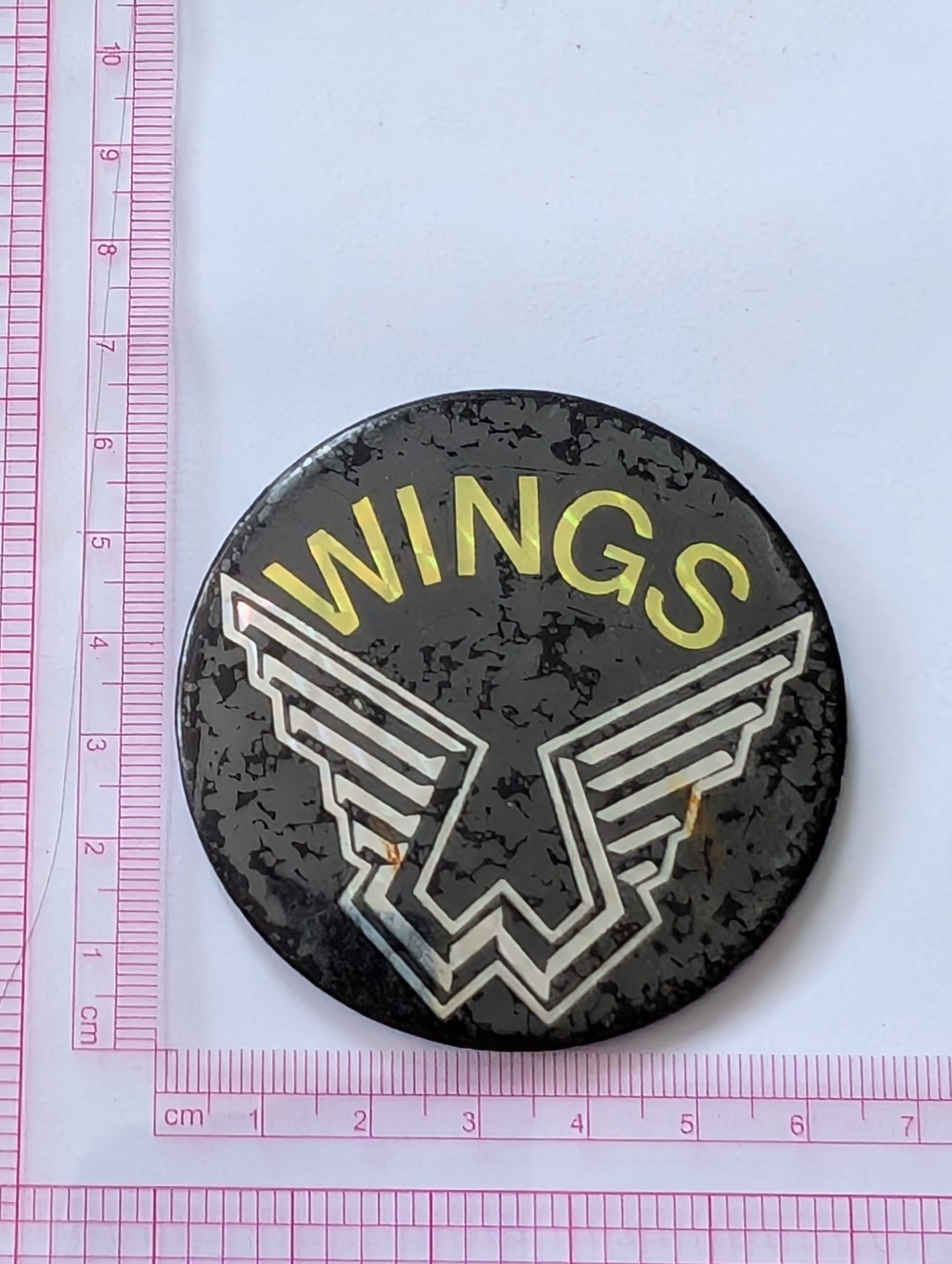Wings: Large Silver/Black Vintage 1970s Badge/Button